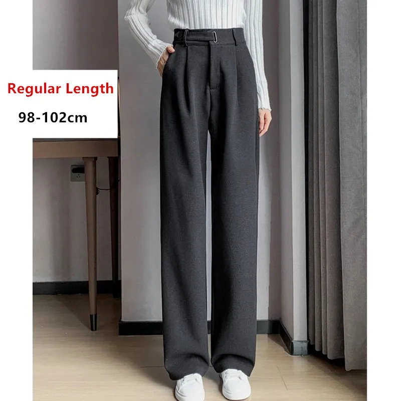 Women's Winter Thicken Woolen Pants with High Waist, Pleated Front and Pockets for Casual Comfort