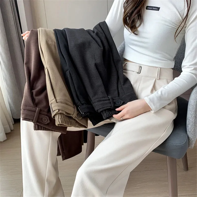 Women's Winter Thicken Woolen Pants with High Waist, Pleated Front and Pockets for Casual Comfort