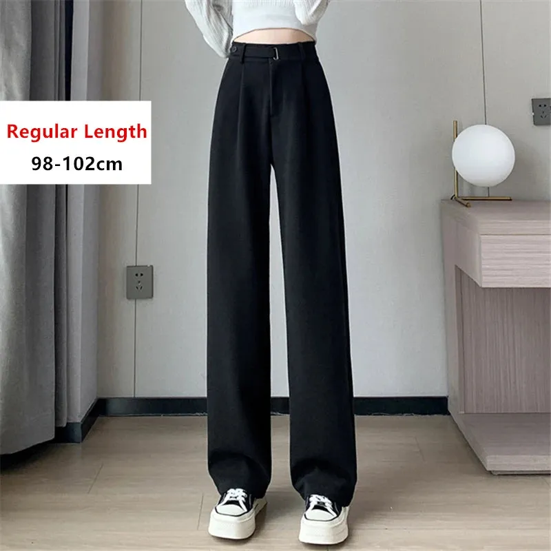 Women's Winter Thicken Woolen Pants with High Waist, Pleated Front and Pockets for Casual Comfort