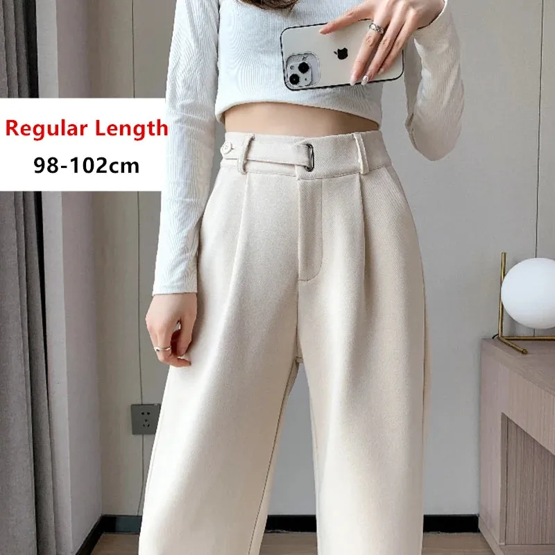 Women's Winter Thicken Woolen Pants with High Waist, Pleated Front and Pockets for Casual Comfort