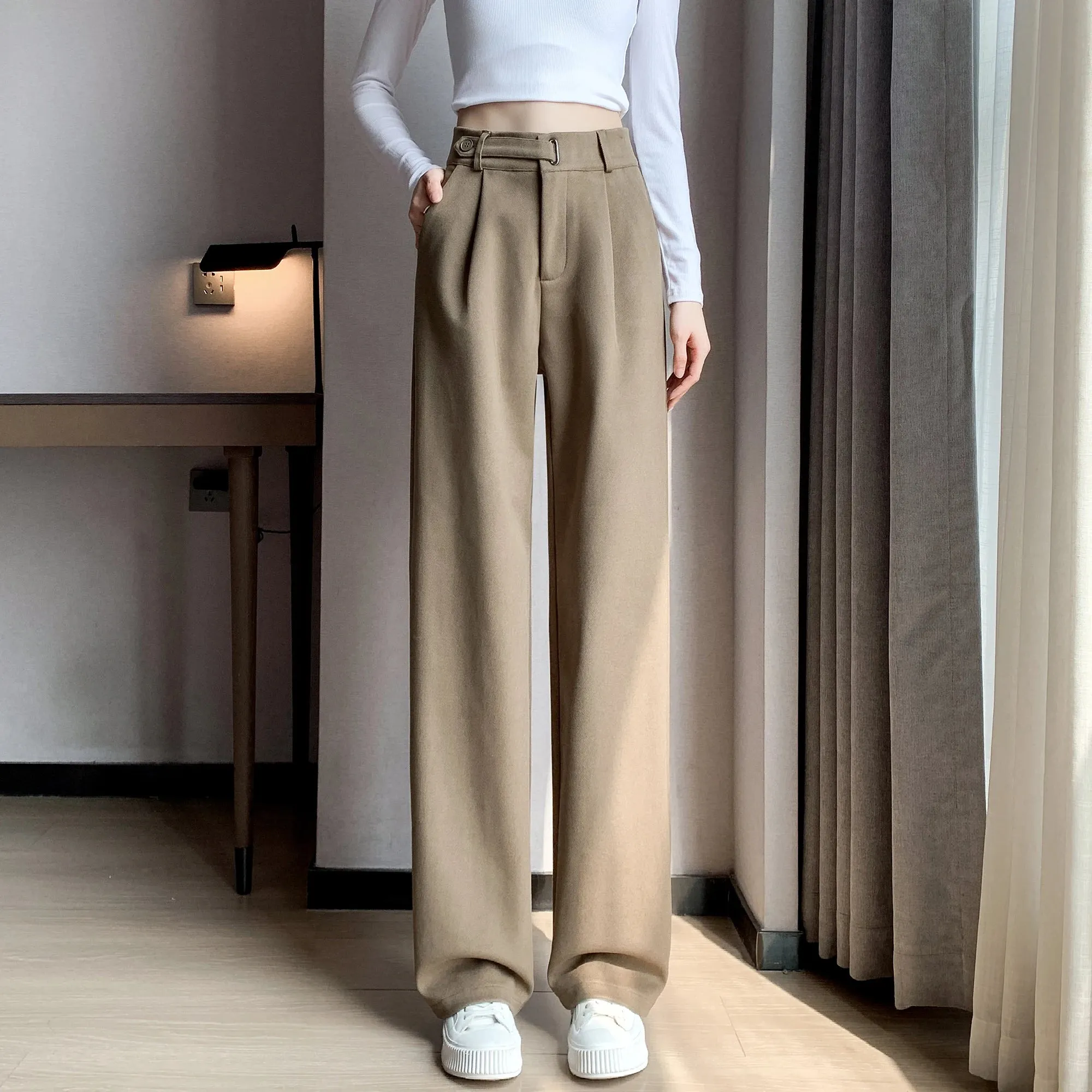 Women's Winter Thicken Woolen Pants with High Waist, Pleated Front and Pockets for Casual Comfort