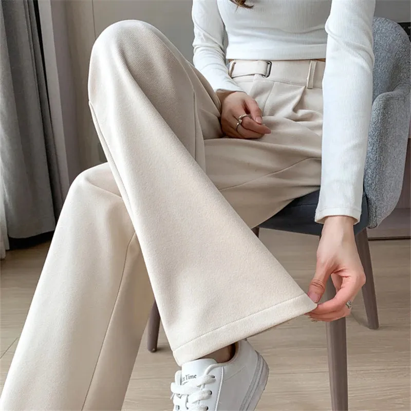 Women's Winter Thicken Woolen Pants with High Waist, Pleated Front and Pockets for Casual Comfort