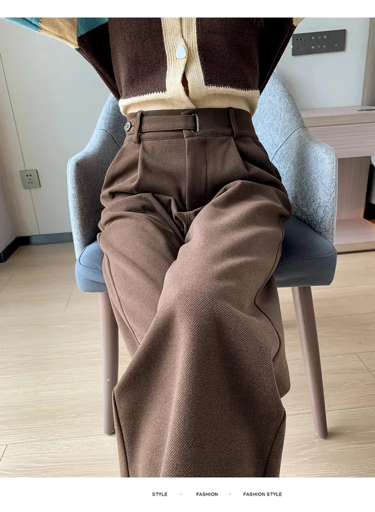 Women's Winter Thicken Woolen Pants with High Waist, Pleated Front and Pockets for Casual Comfort