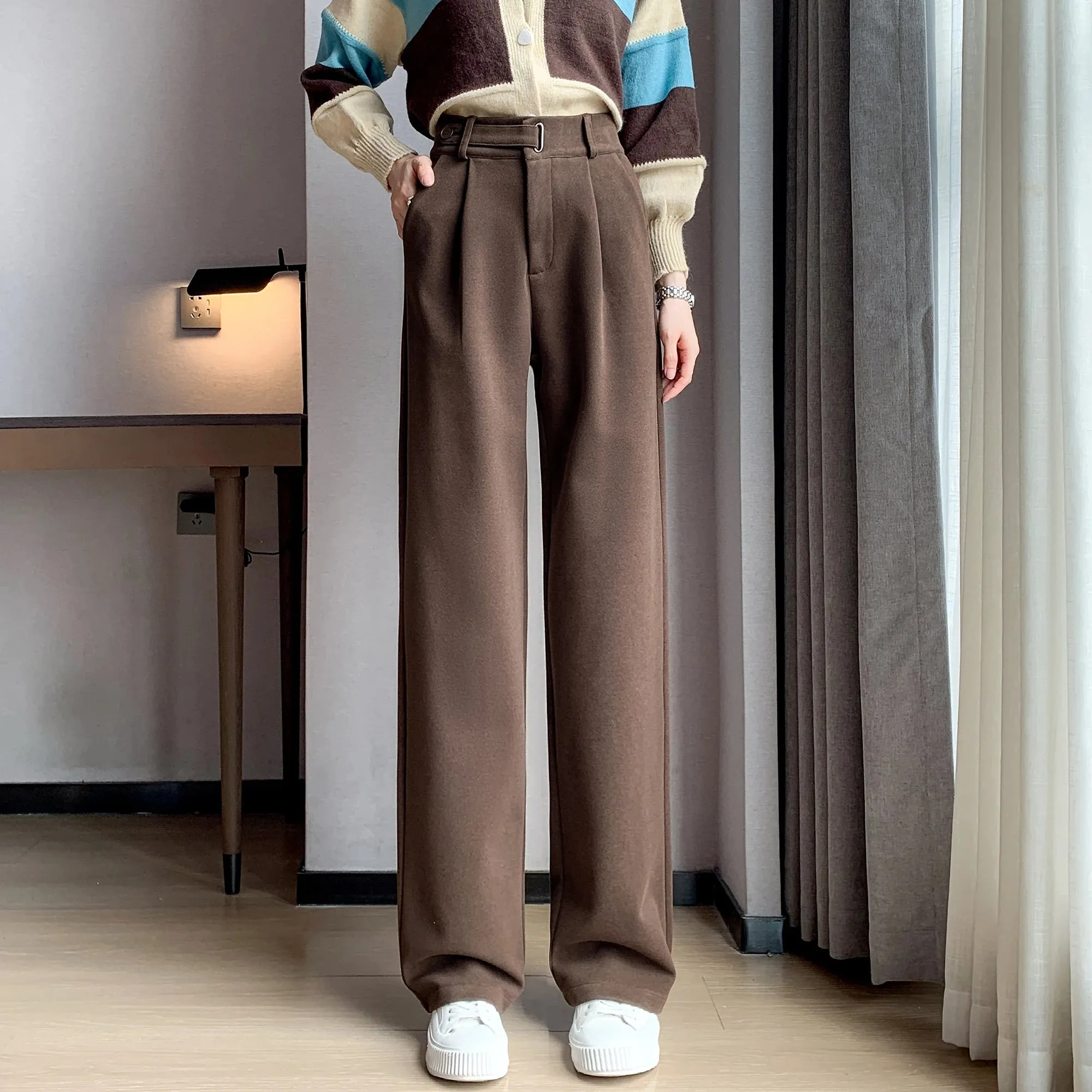 Women's Winter Thicken Woolen Pants with High Waist, Pleated Front and Pockets for Casual Comfort