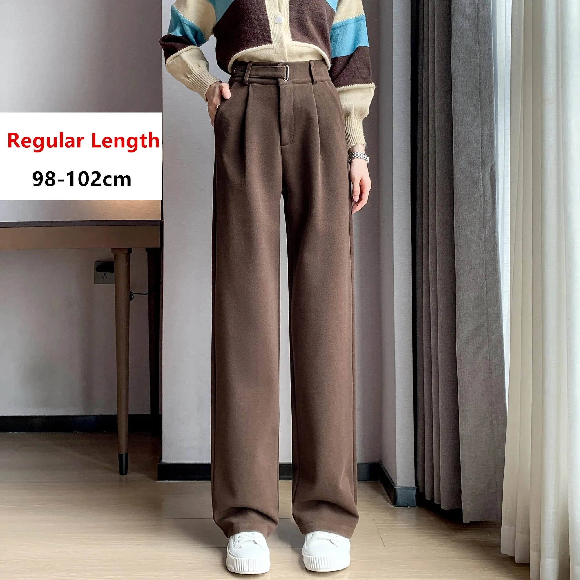 Women's Winter Thicken Woolen Pants with High Waist, Pleated Front and Pockets for Casual Comfort