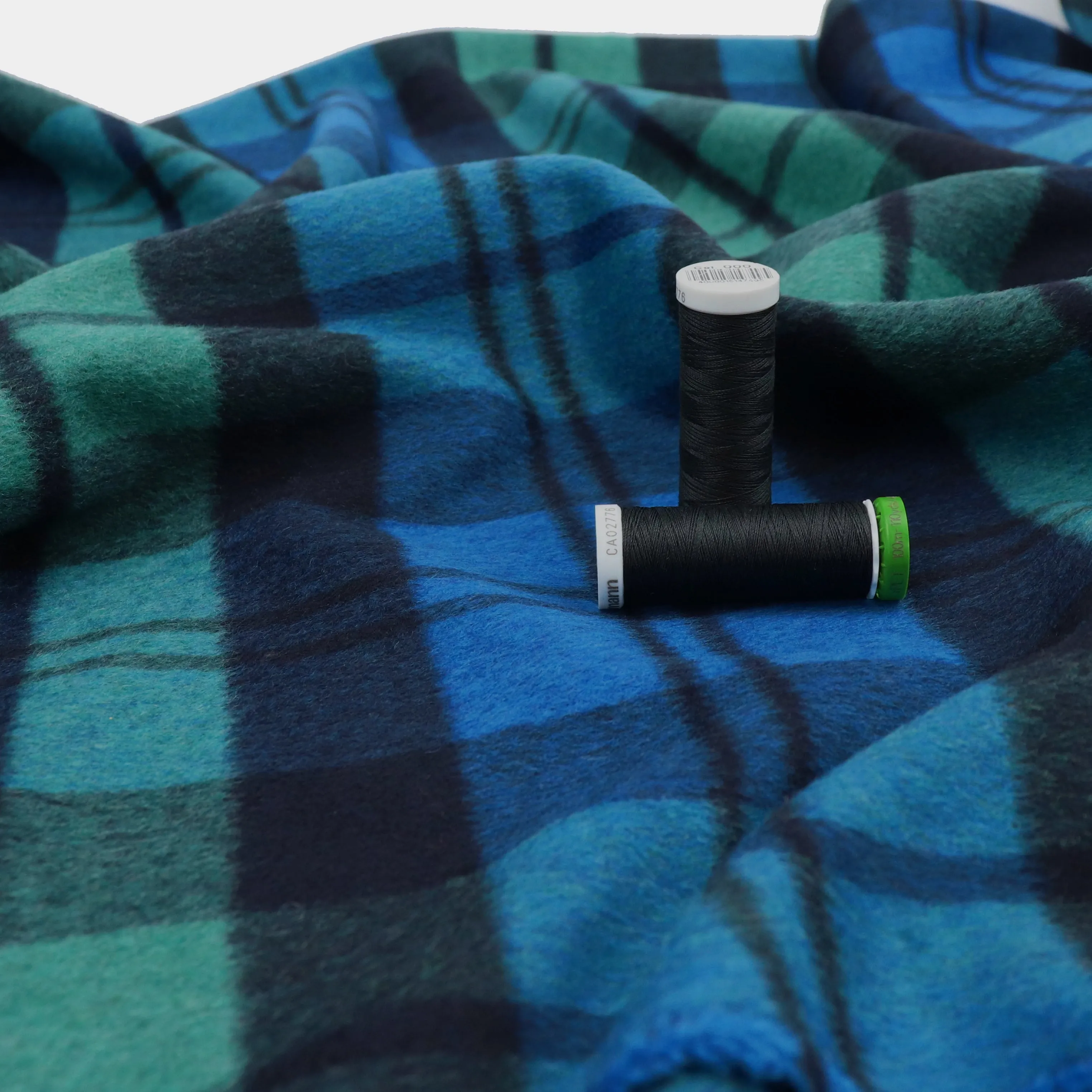 Wool Blend Brushed Coating - Blue   Green Check