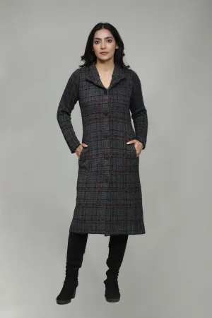 Woolen Checkered T-Neck Long Coat for Women