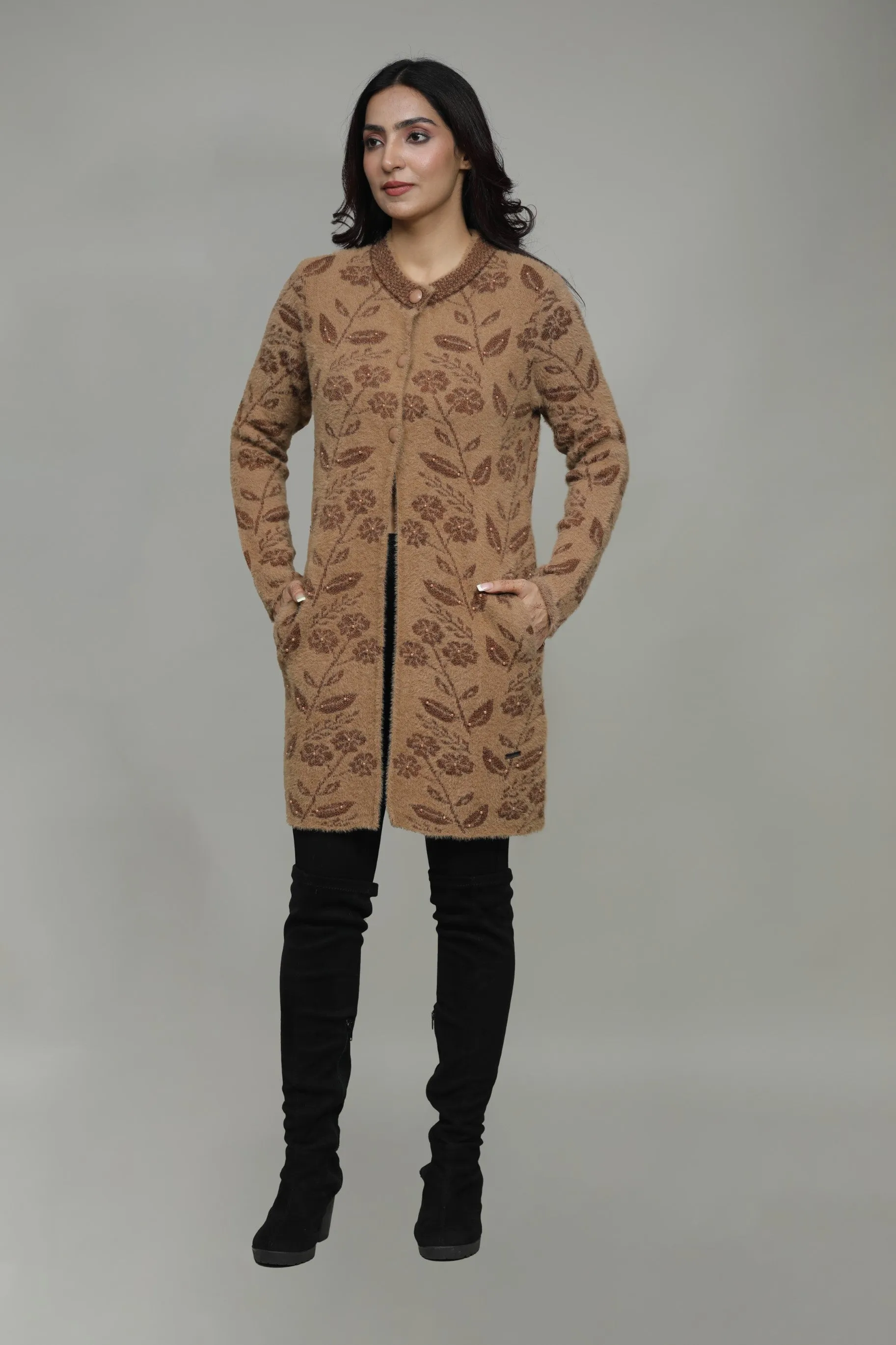 Woolen Fancy Round Neck Long Coat For Women